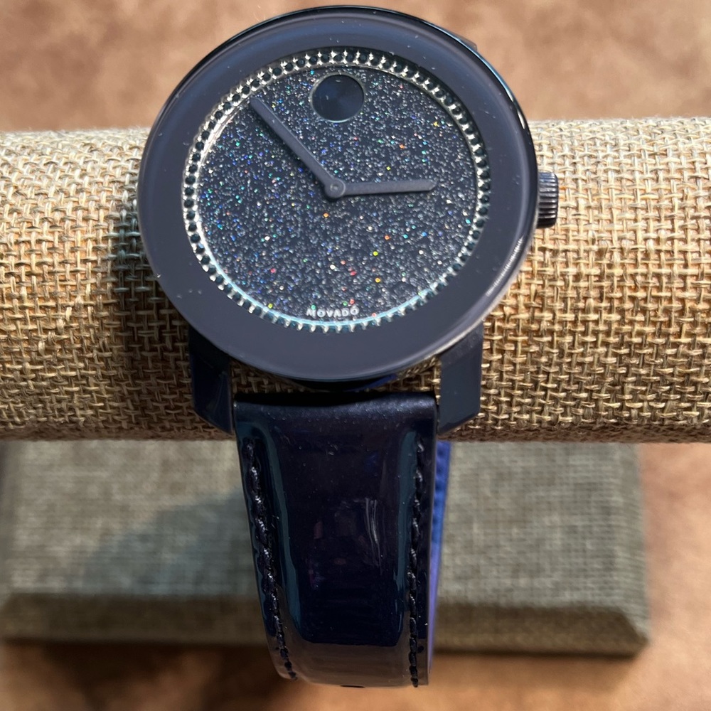 MOVADO BOLD PRE-LOVED AUTHENTIC BLUE PATENT LEATHER STRAP; BLUE GLITTER WATCH